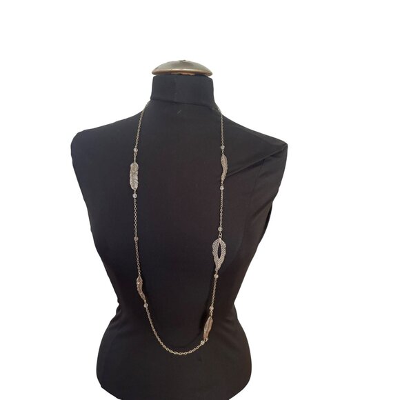 Silver-Tone Feather & Bead Long Chain Necklace With Lobster Clasp Closure - Picture 1 of 10